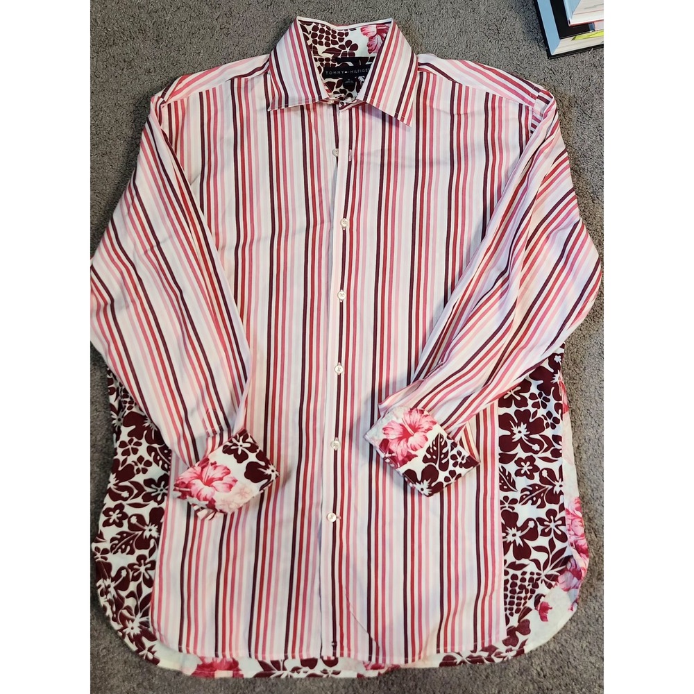 Tommy Hilfiger Floral Striped Print flip cuff shirt Mens M red / white EUC